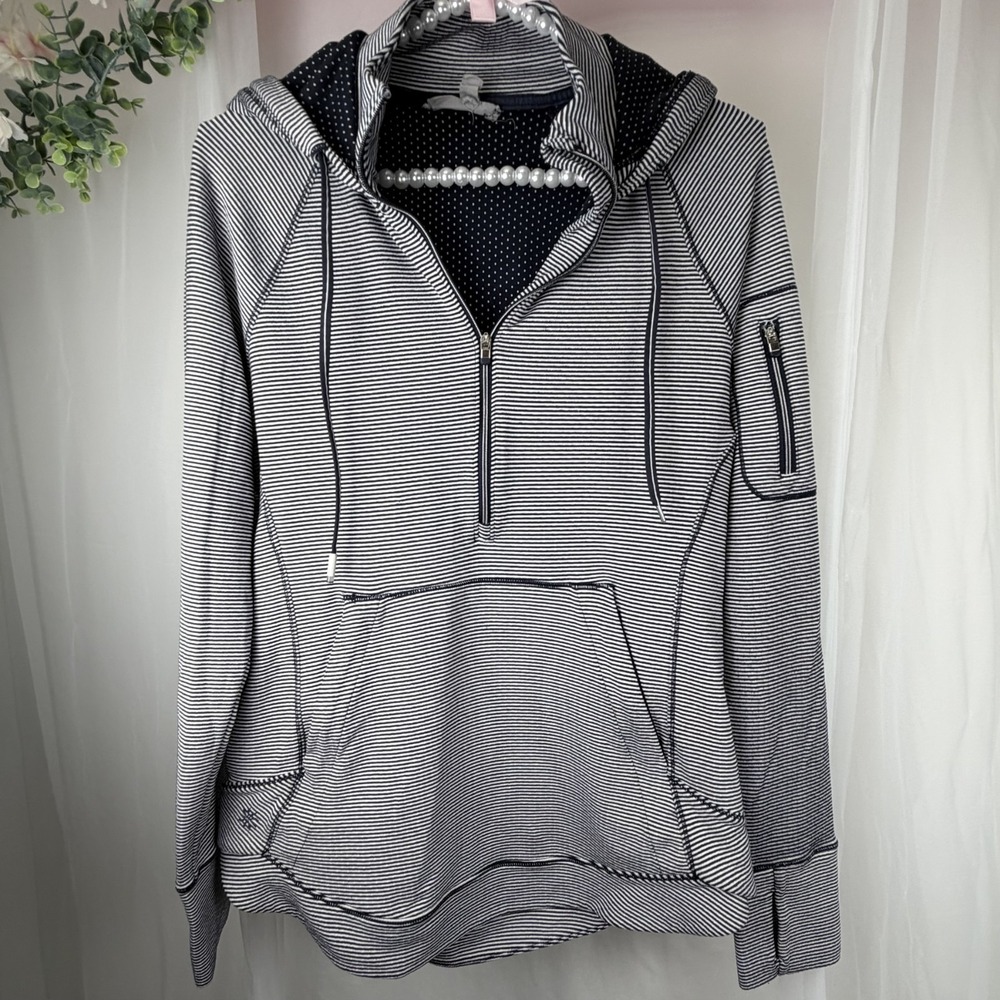 Athleta Womens Small Navy White Striped Quarter Zip Hoodie Sweatshirt Thumbholes